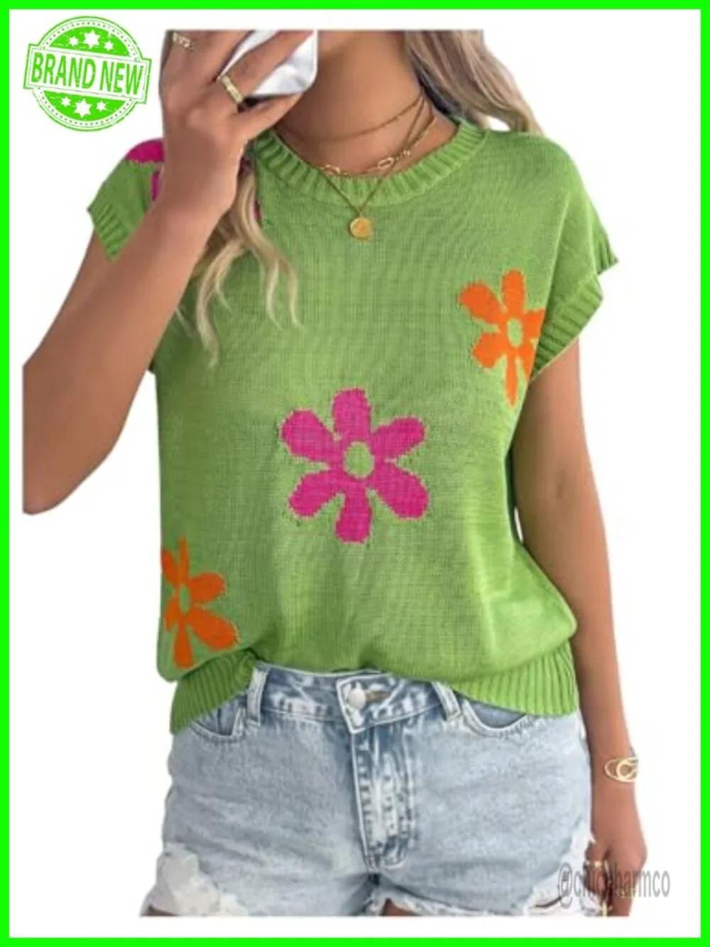 Short Sleeve Lightweight Knit Sweater Floral Print Loose Fit Pullover